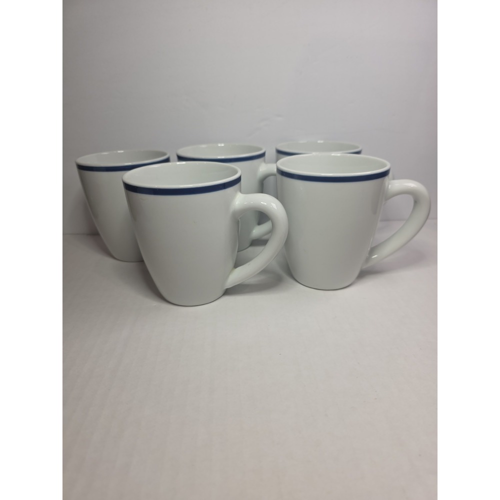 Oneida Maitre D Porcelain Coffee Cup Mug Bright White w/Blue Rim Set 5